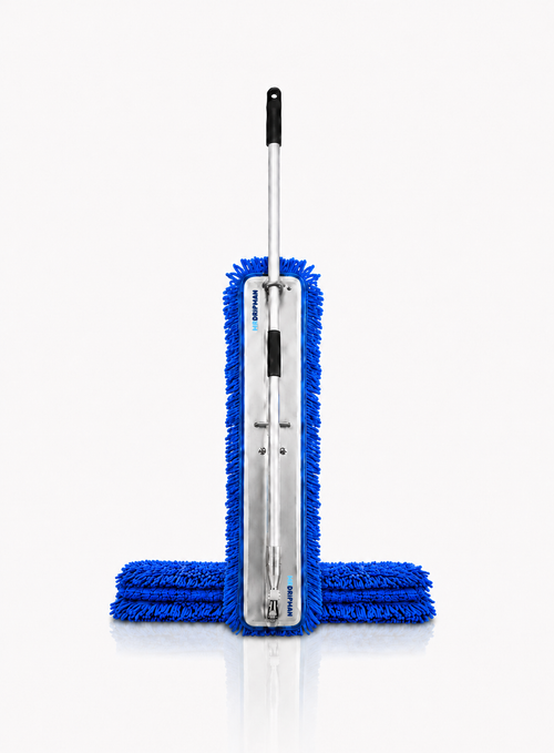 Mr. Dripman foldable mop with dry pad stored vertically for compact facility storage